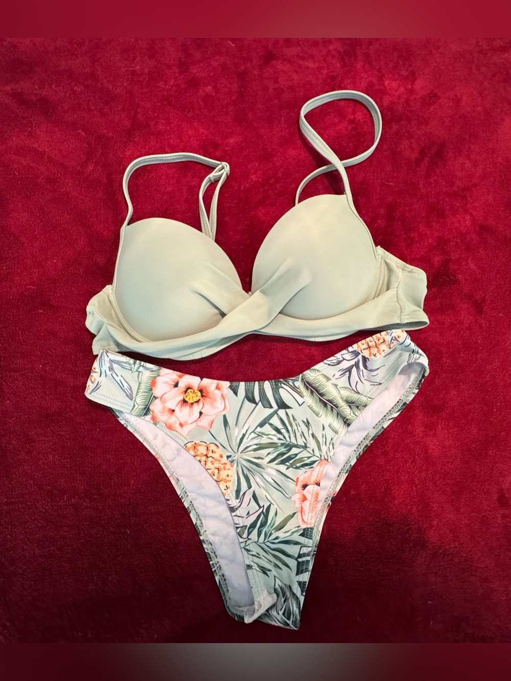 Green Push-Up Bikini Top with Tropical Floral High-Cut Bottom